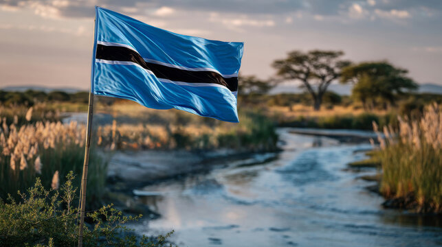 Botswana flag waving proudly in the wind during Independence and Flag Day celebration in a serene landscape - Powered by Adobe