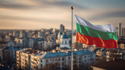 Bulgaria flag proudly waving on Independence Day over urban skyline during sunset