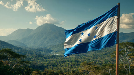 Honduras flag waving proudly in the breeze during Independence Day celebration in a mountainous landscape