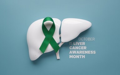 October is liver cancer awareness month with green ribbon on liver model