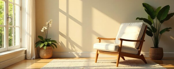 Fototapeta premium Sunlit Armchair in Peaceful Room Relaxation and Wellbeing Interior Design