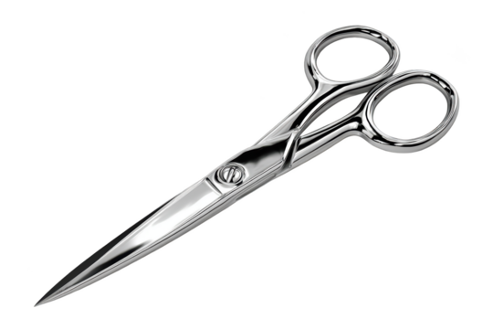 Shiny silver scissors, isolated on black, sharp blades, detailed design