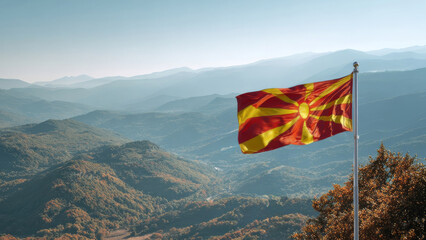 North Macedonia flag waving in the wind against a beautiful mountain backdrop during Independence Day celebration