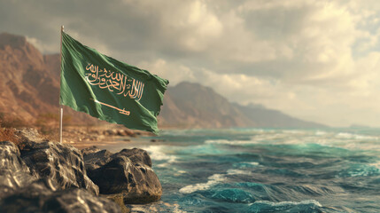 Waving Saudi Arabia flag against a dramatic coastal landscape at sunset
