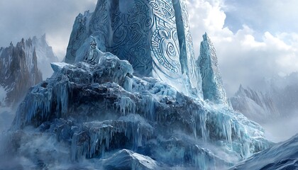 Glacial monoliths marking time shifts in pale blue aura with tribal markings etched in ice