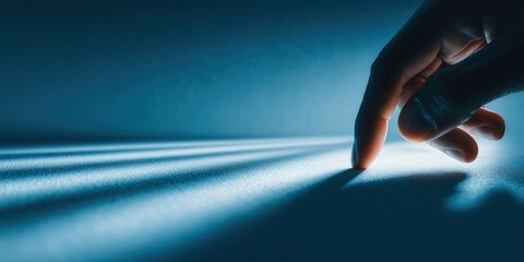 Cinematic close-up of fingers touching a glowing textured surface in deep blue light

