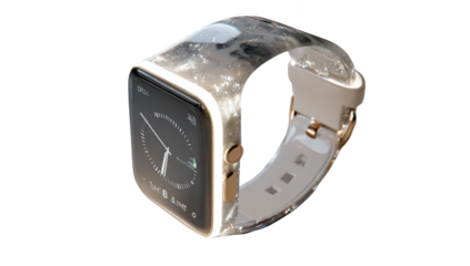 Futuristic smartwatch with a curved display and textured band. Elegant design with side button