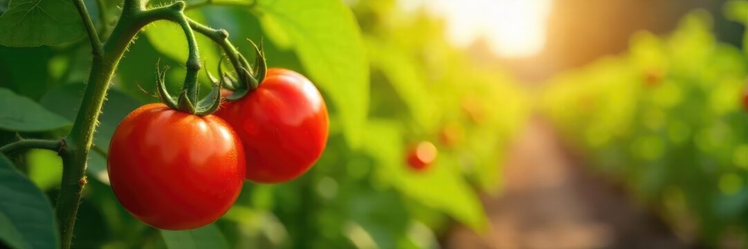 Vibrant red field tomatoes ripening on the vine, surrounded by lush green foliage under a bright summer sun Perfect for farm-fresh, organic, and healthy food imagery , vibrant, summer tomato