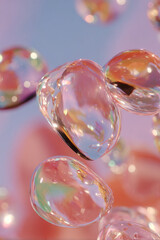 3D rendering of glossy, translucent bubbles in pastel tones with light reflections and bokeh on a soft background