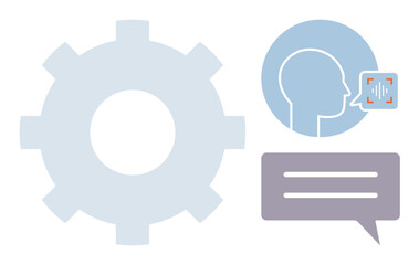 Gear symbolizing automation, head silhouette with sound waves highlighting voice recognition, and chat bubble. Ideal for AI, speech processing, automation, innovation, teamwork, conversation data