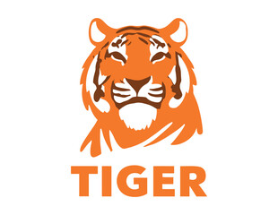 Illustration of hand drawn a tiger face with orange and brown colors and the word tiger below it in orange color