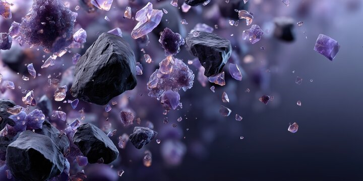 Floating amethyst and black crystal fragments with sharp facets on a deep blurred backdrop