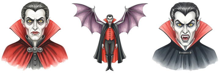 Fototapeta premium a set of creepy watercolor vampire characters with fangs and bat wings