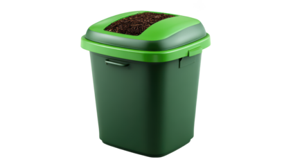 Green composting bin with dark soil on top