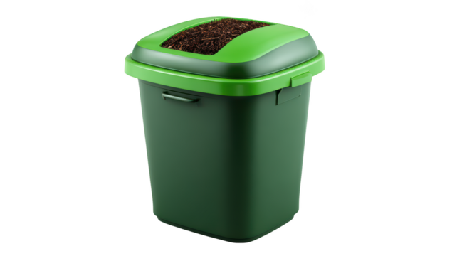 Green composting bin with dark soil on top