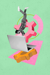 3d sketch image vertical collage of happy businesswoman businessman stand laptop gearwheel development optimization freelance