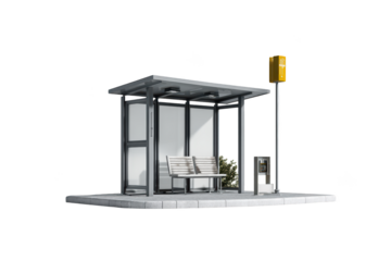 Modern bus stop with benches, trash can, and a yellow light pole