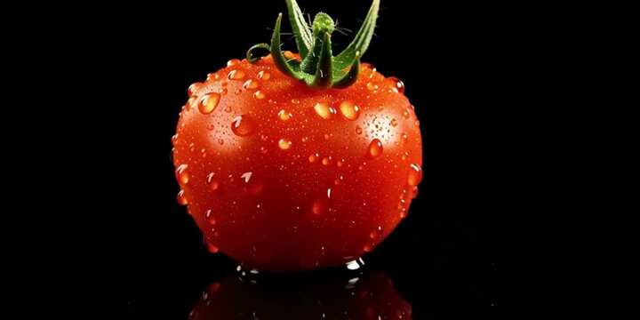 Fresh Red tomato with Water Droplets on Dark Background