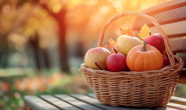 Wicker basket filled with pumpkin, apples, pears, and autumn leaves sits on a park bench in warm sunlight
