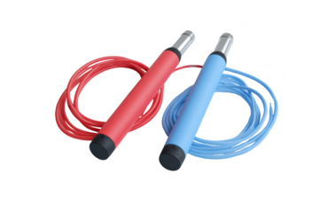 Two colorful jump ropes on a black background, red and blue, exercise equipment