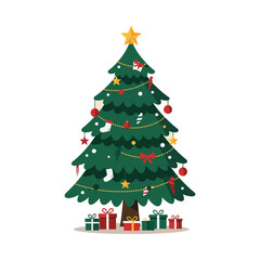 A classic decorated pine tree with gifts, a joyful symbol for the Chrismast and New Years holiday season, flat vector illustration.