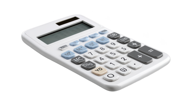 White calculator with many buttons, perfect for financial tasks and equations