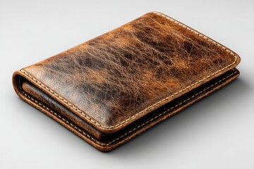 A close up shot of a brown leather wallet with visible stitching on a light gray background surface