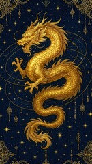 Fototapeta premium Golden dragon amidst cosmic stars.