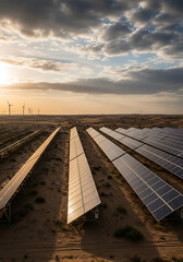 Obraz premium Solar panels and wind turbines in a desert landscape at sunset.
