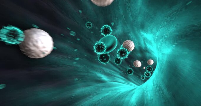 Human blood vessel animation with viruses and immune cells 3D. Science And Healthcare Related 3D Animation.