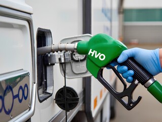 Close-up green HVO nozzle fueling refrigerated truck at logistics hub, daylight ultra sharp realistic