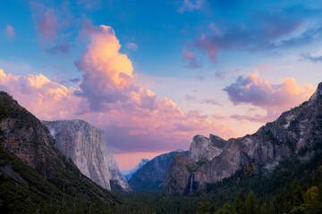 Yosemite valley nation park during sunset view from tunnel view on twilight time. Yosemite nation...