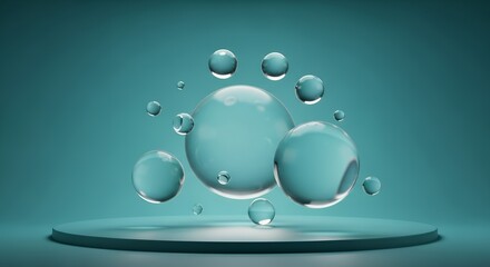 Transparent blue spheres of various sizes float above a circular teal platform against a solid teal background abstract bubble circle clean concept cosmetic