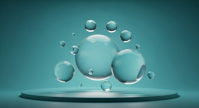 Transparent blue spheres of various sizes float above a circular teal platform against a solid teal background abstract bubble circle clean concept cosmetic - Powered by Adobe