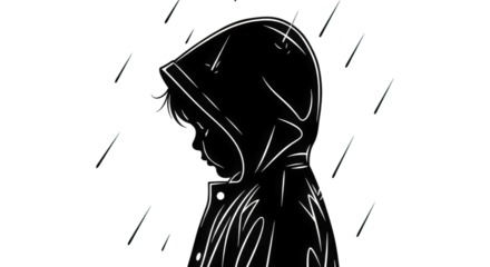 Mysterious hooded figure standing alone in the pouring rain during the nighttime