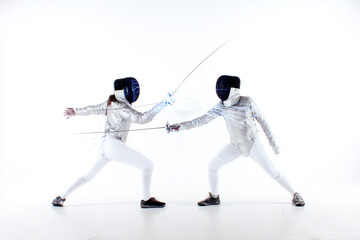 Two Fencers Sparring with Swords in Action Pose
