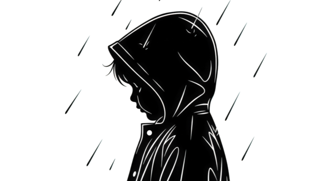 Mysterious hooded figure standing alone in the pouring rain during the nighttime