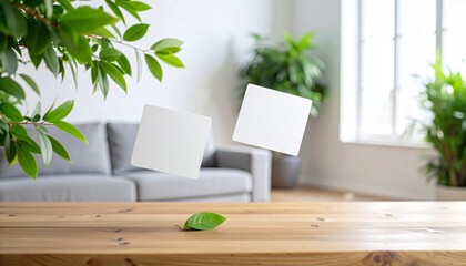 Two blank white squares floating above a wooden table with plants and sofa in background