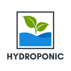 Flat Hydroponic Plant Logo with Leaves Over Stylized Water