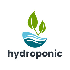 Flat Hydroponic Plant Logo with Leaves Over Stylized Water