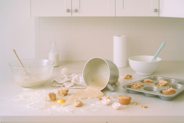 Messy Kitchen Baking Scene, Spilled Batter, Flour