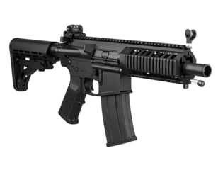 A - Angled Perspective of Armalite AR-10 with Highlights, Isolated on White Background.