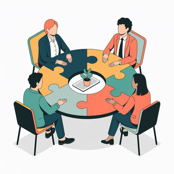 illustration of a diverse team collaborating around a puzzle table, symbolizing teamwork and strategic problem-solving for business success, with a plant representing growth and innovation.