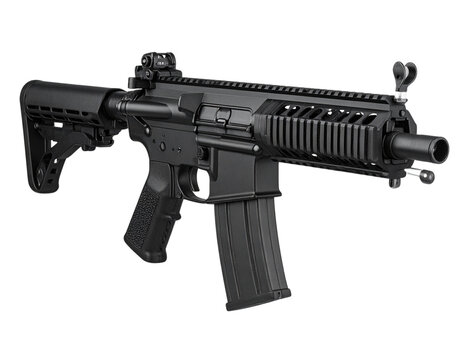 A - Angled Perspective of Armalite AR-10 with Highlights, Isolated on White Background.