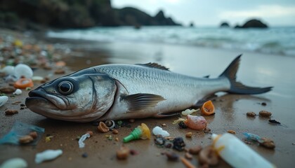 Dead fish on polluted beach. Plastic trash surrounds, environmental pollution, marine contamination, ocean problem. Illustration shows effects of waste, garbage, causing harm aquatic life, ecosystem