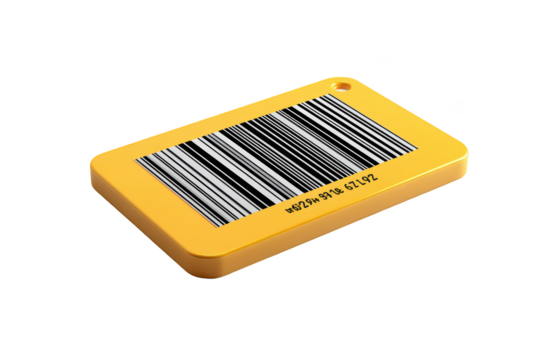 Yellow rectangular tag with a barcode and an eyelet for attachment
