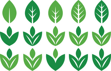 Collection of green leaf icons and symbols