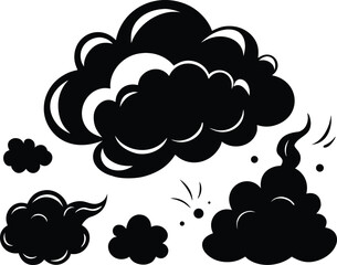 Collection of stylized black ink smoke clouds and puffs with dynamic lines and small bursts for graphic design and illustration elements