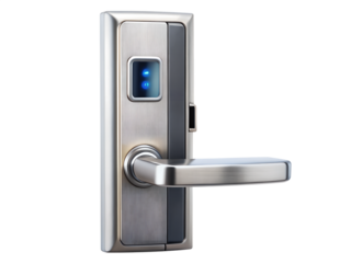 A smart door lock with fingerprint scanner for security and access control, modern technology isolated on transparent background