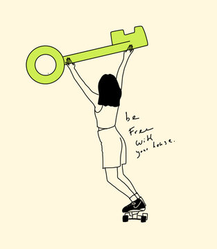 Female Character Holding a Key on Skateboard, Solving Escape Room Enigma. Real Estate Concept, Business Success, Game Task Solution in Quick Sketch Cartoon Vector Style. Doodle illustration